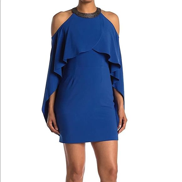 NWT HALSTON Royal Blue Beaded Collared Cold Shoulder Sleeve Draped Mini Dress - Picture 1 of 13